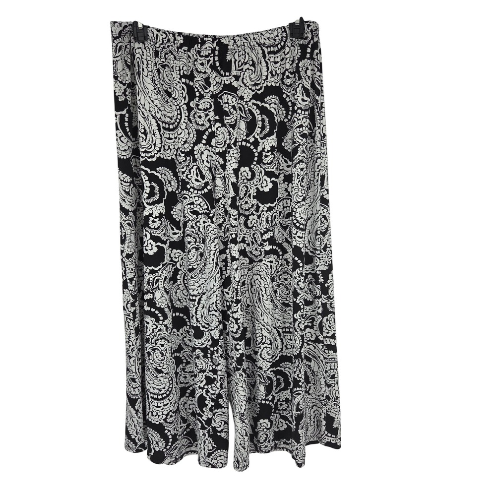 CeCe Womens 1X Paisley Wide Leg Pants Black White Elastic Waist Stretch Travel